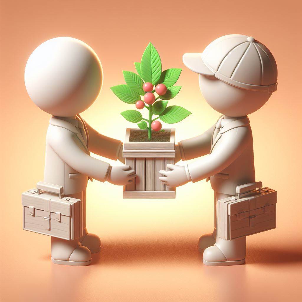 A 3D render of two people trading a baby plant, with the color #4EAE32 incorporated in the image.